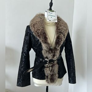 Printed Leather Jacket with Real Fox Fur Collar S-M